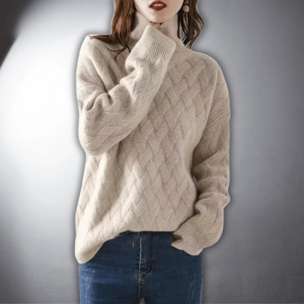 Women's Oversized Sweater | Basketweave Knit, Ribbed Turtleneck, Relaxed Fit 2