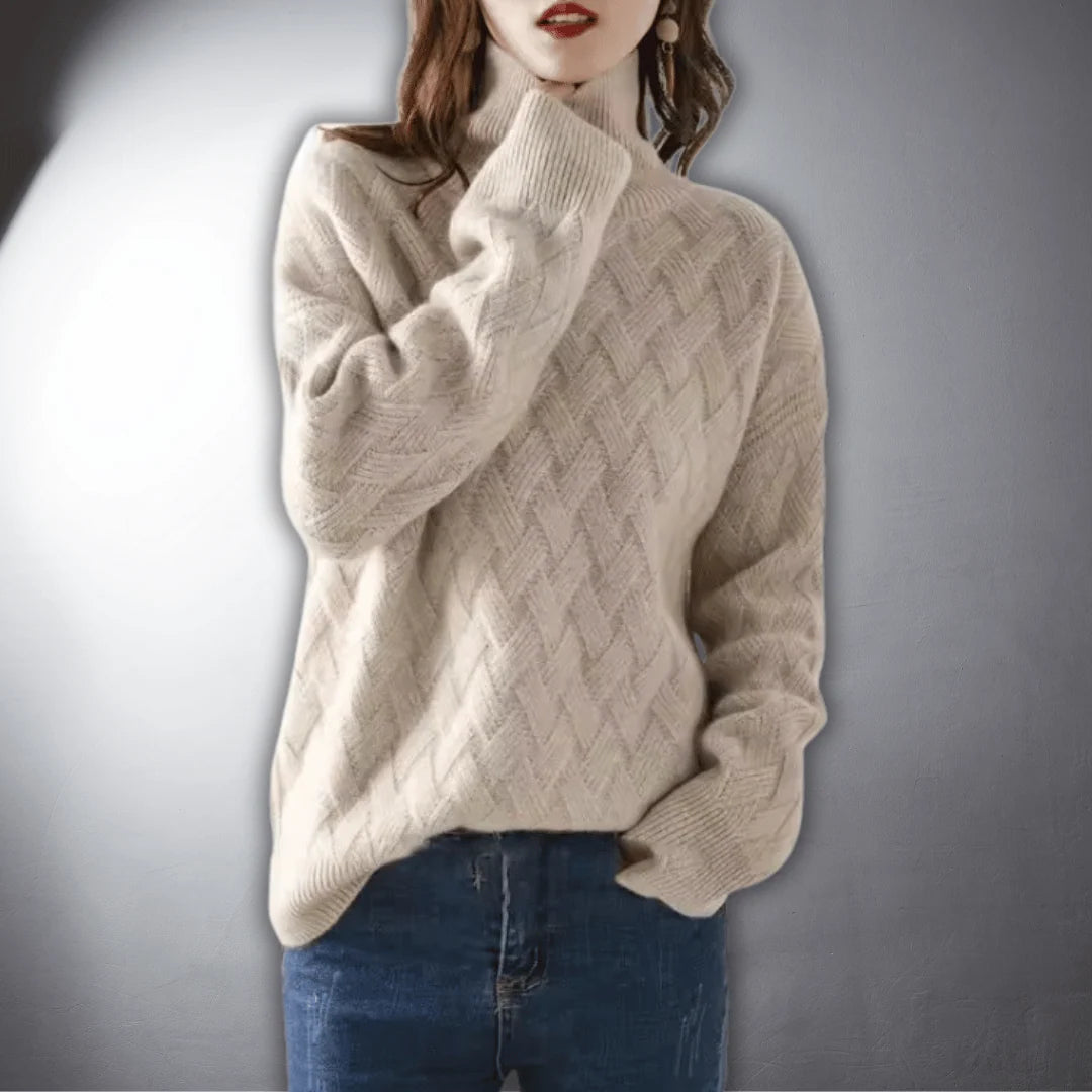 Women's Oversized Sweater | Basketweave Knit, Ribbed Turtleneck, Relaxed Fit 2