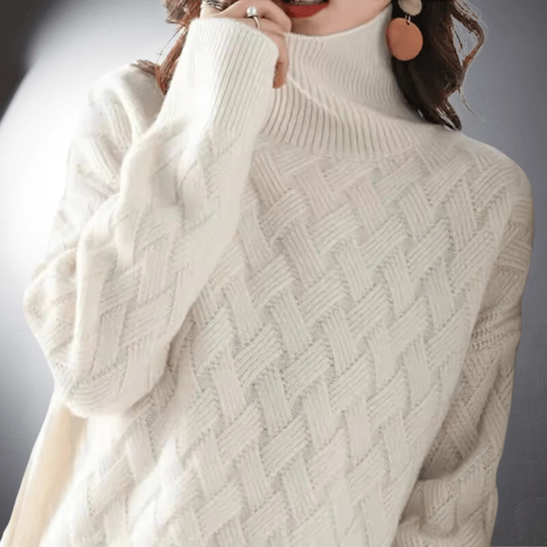 Women's Oversized Sweater | Basketweave Knit, Ribbed Turtleneck, Relaxed Fit 3