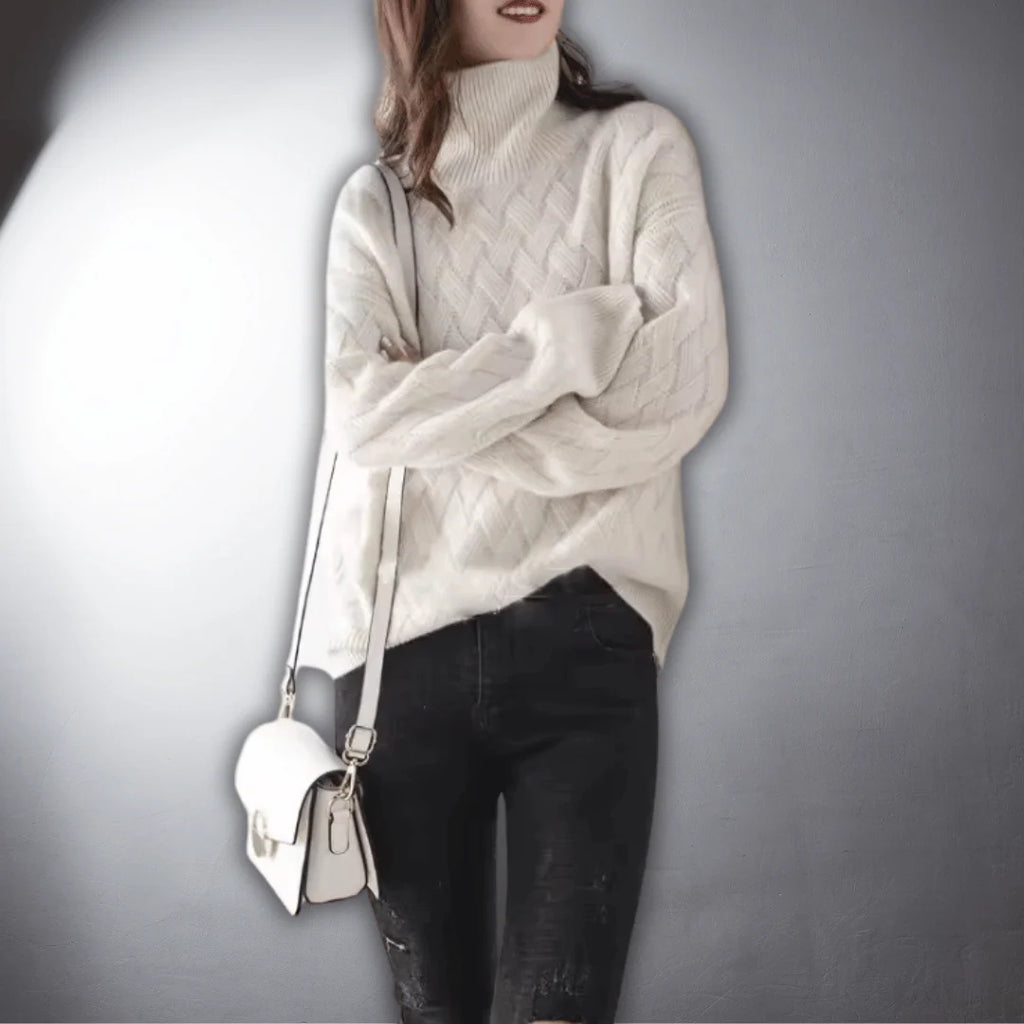 Women's Oversized Sweater | Basketweave Knit, Ribbed Turtleneck, Relaxed Fit 4