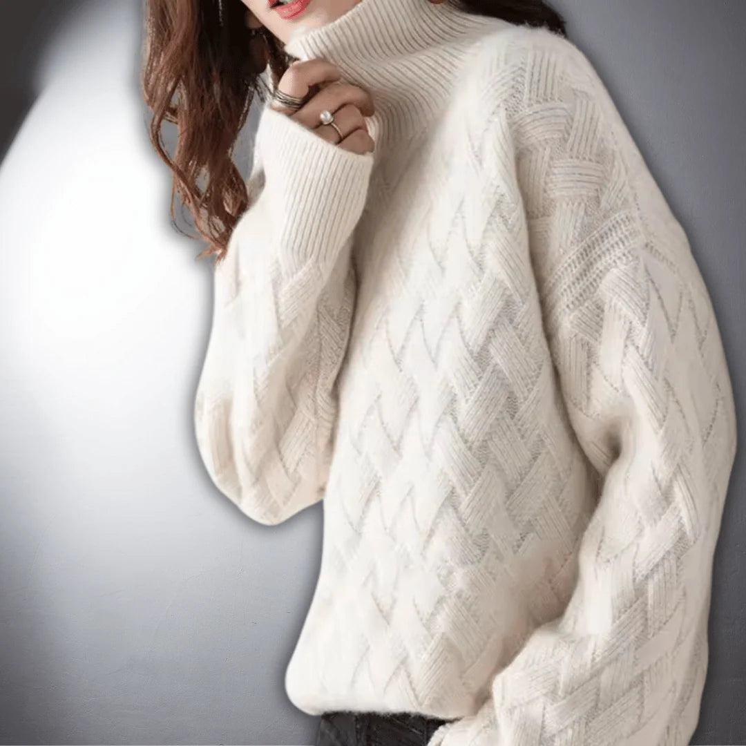 Women's Oversized Sweater | Basketweave Knit, Ribbed Turtleneck, Relaxed Fit 5