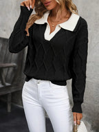 Women's Oversized Sweatshirt | Colorblock, Collared V-Neck, Cable Knit 0