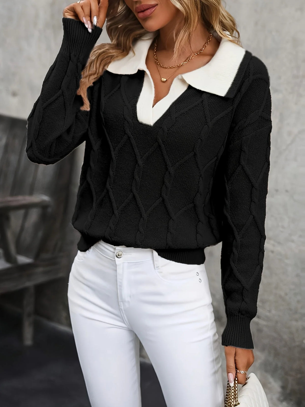 Women's Oversized Sweatshirt | Colorblock, Collared V-Neck, Cable Knit 0
