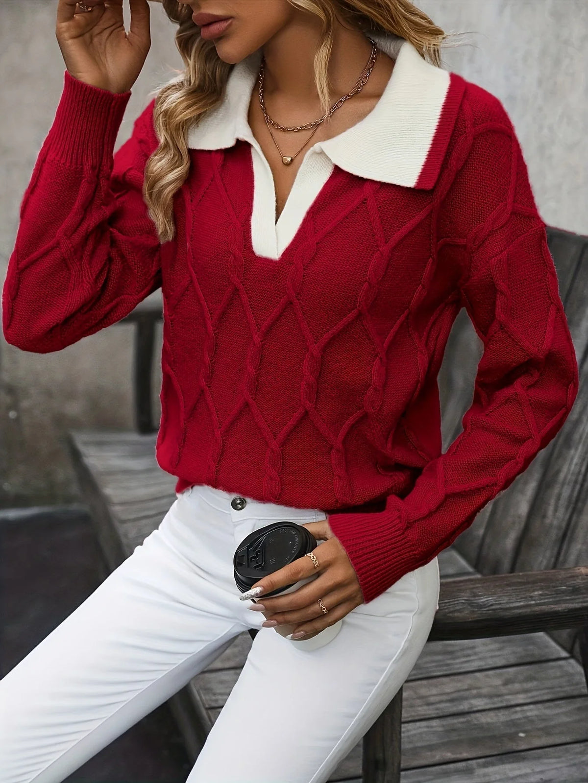Women's Oversized Sweatshirt | Colorblock, Collared V-Neck, Cable Knit 1