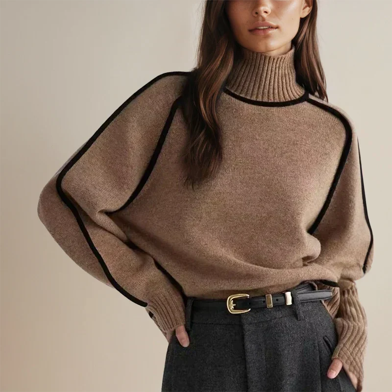 Women's Oversized Sweatshirt | Soft Ribbed Knit, Turtleneck, Batwing Sleeves 0