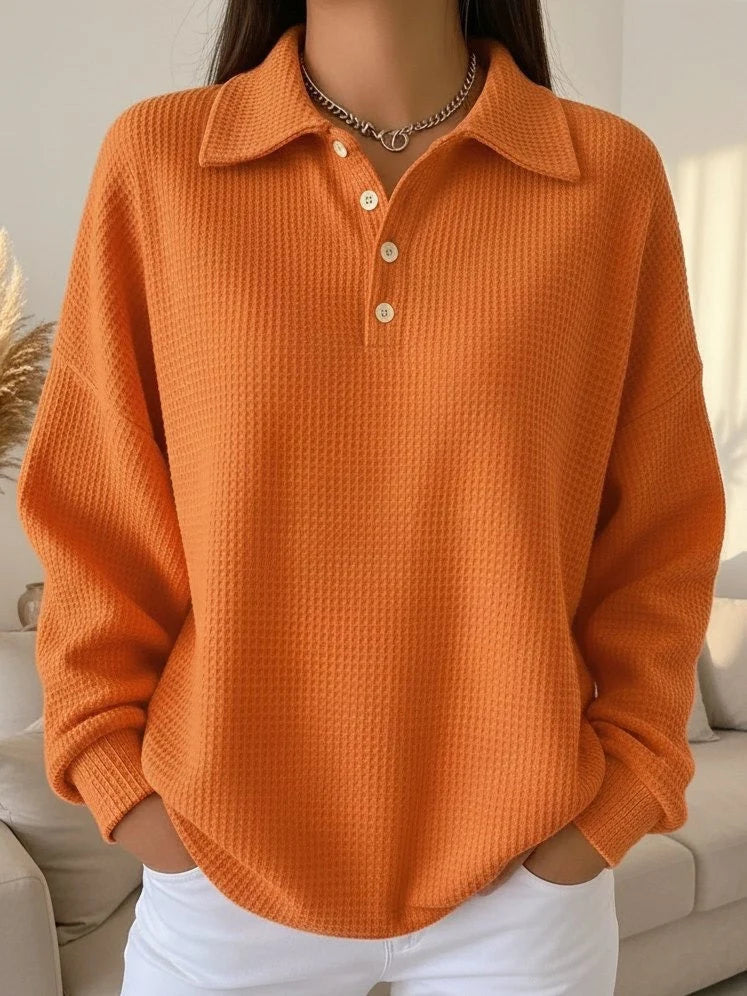 Women's Oversized Sweatshirt | Waffle Knit, Collared, Button Placket, Long Sleeve 1