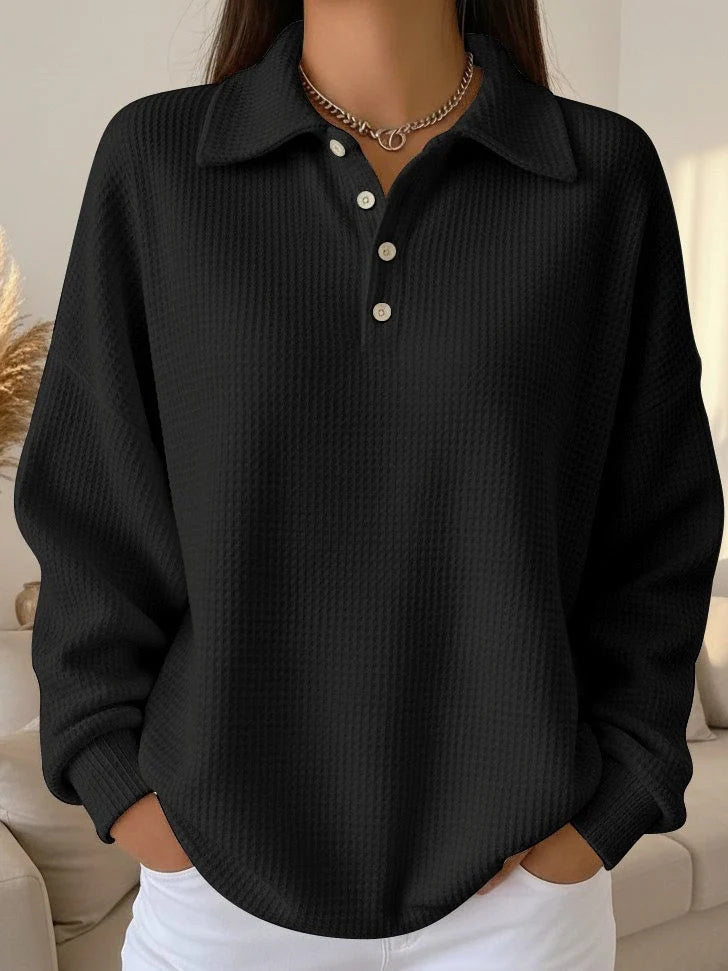 Women's Oversized Sweatshirt | Waffle Knit, Collared, Button Placket, Long Sleeve 2