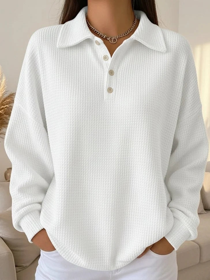 Women's Oversized Sweatshirt | Waffle Knit, Collared, Button Placket, Long Sleeve 3