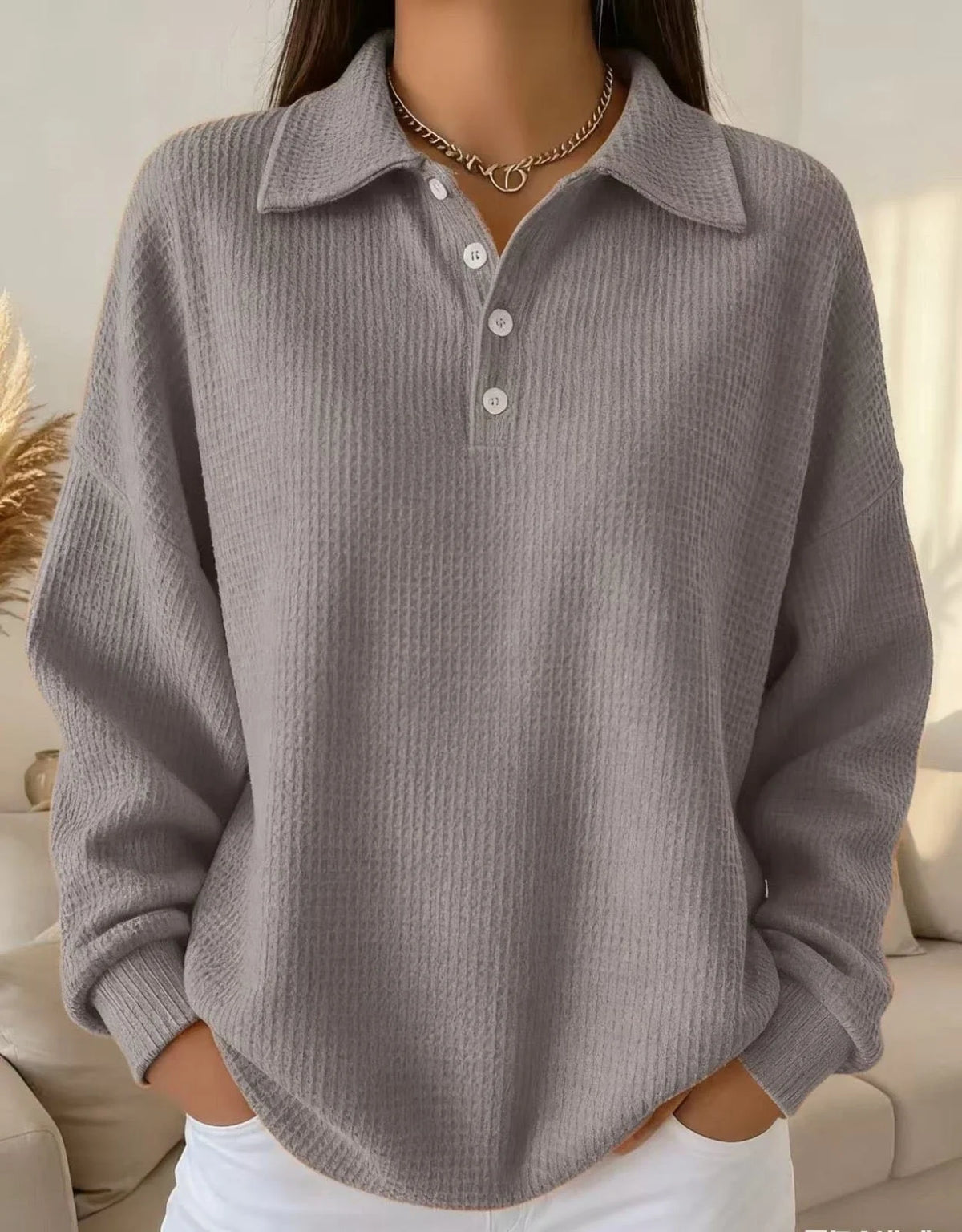 Women's Oversized Sweatshirt | Waffle Knit, Collared, Button Placket, Long Sleeve 4
