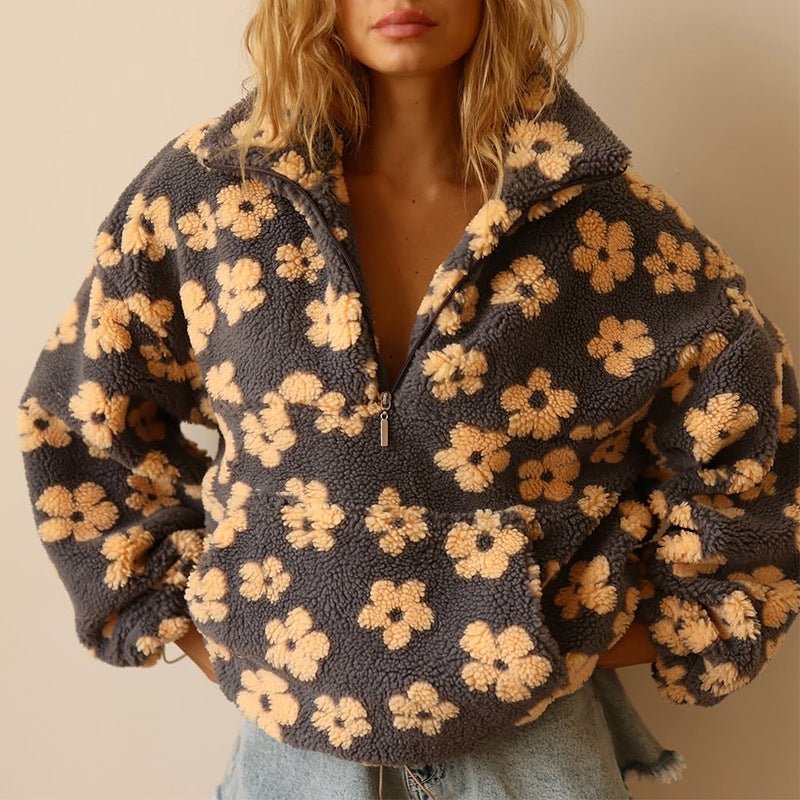 Women's Oversized Teddy Fleece Jacket | Floral Print, Half Zip, Cozy Casual Wear 0