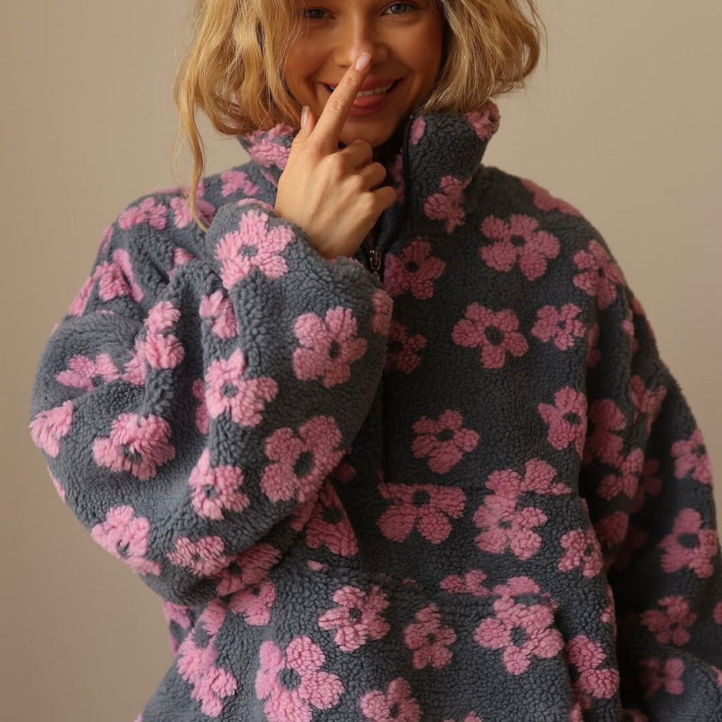 Women's Oversized Teddy Fleece Jacket | Floral Print, Half Zip, Cozy Casual Wear 3