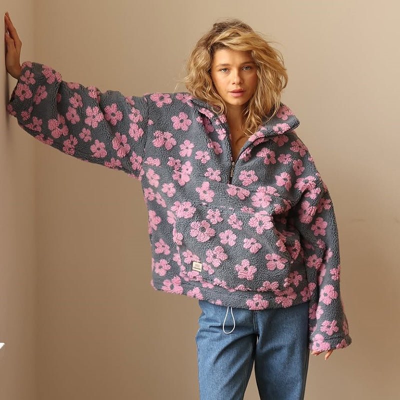Women's Oversized Teddy Fleece Jacket | Floral Print, Half Zip, Cozy Casual Wear 4