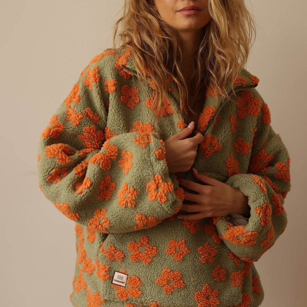 Women's Oversized Teddy Fleece Jacket | Floral Print, Half Zip, Cozy Casual Wear 5