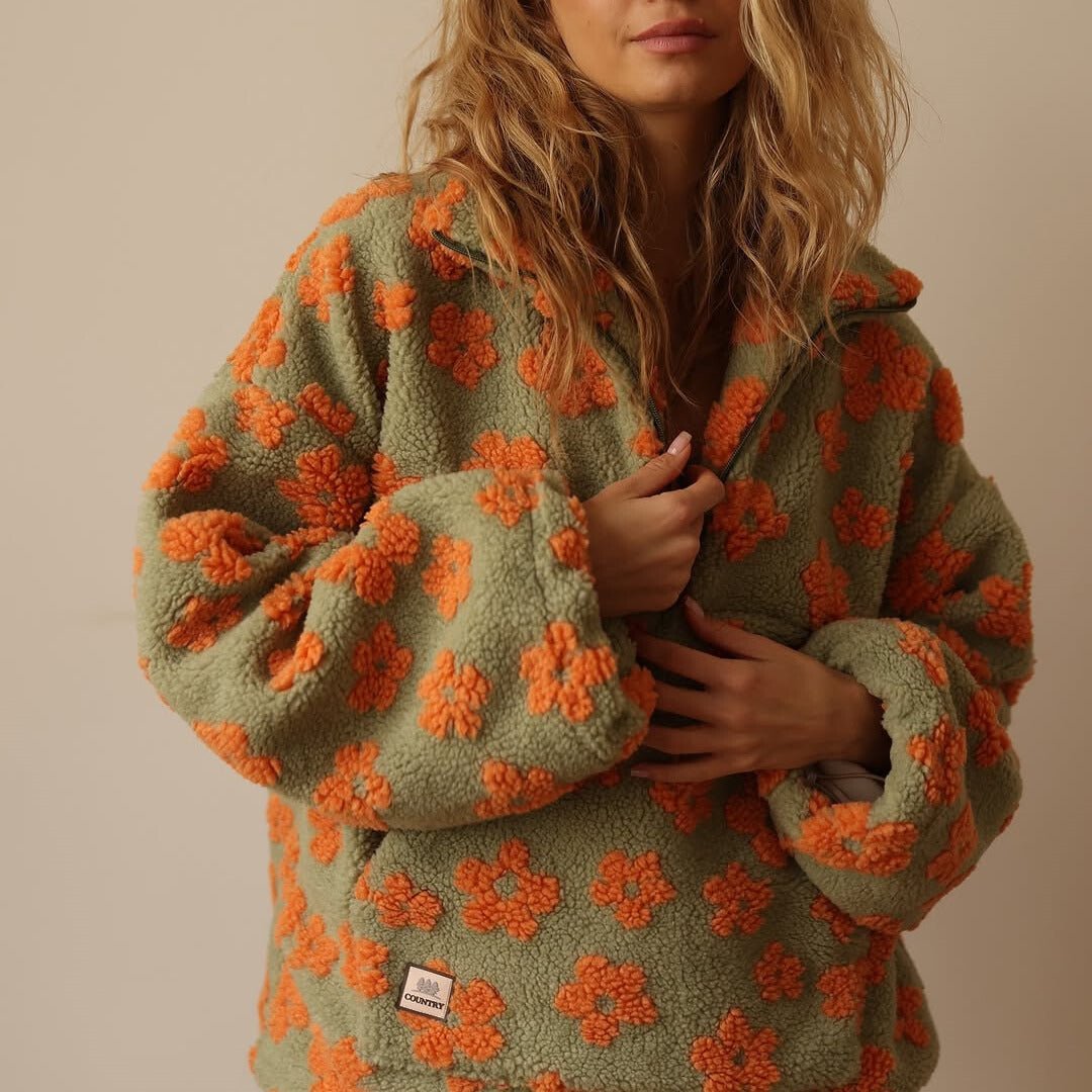Women's Oversized Teddy Fleece Jacket | Floral Print, Half Zip, Cozy Casual Wear 5