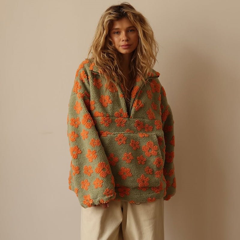 Women's Oversized Teddy Fleece Jacket | Floral Print, Half Zip, Cozy Casual Wear 6