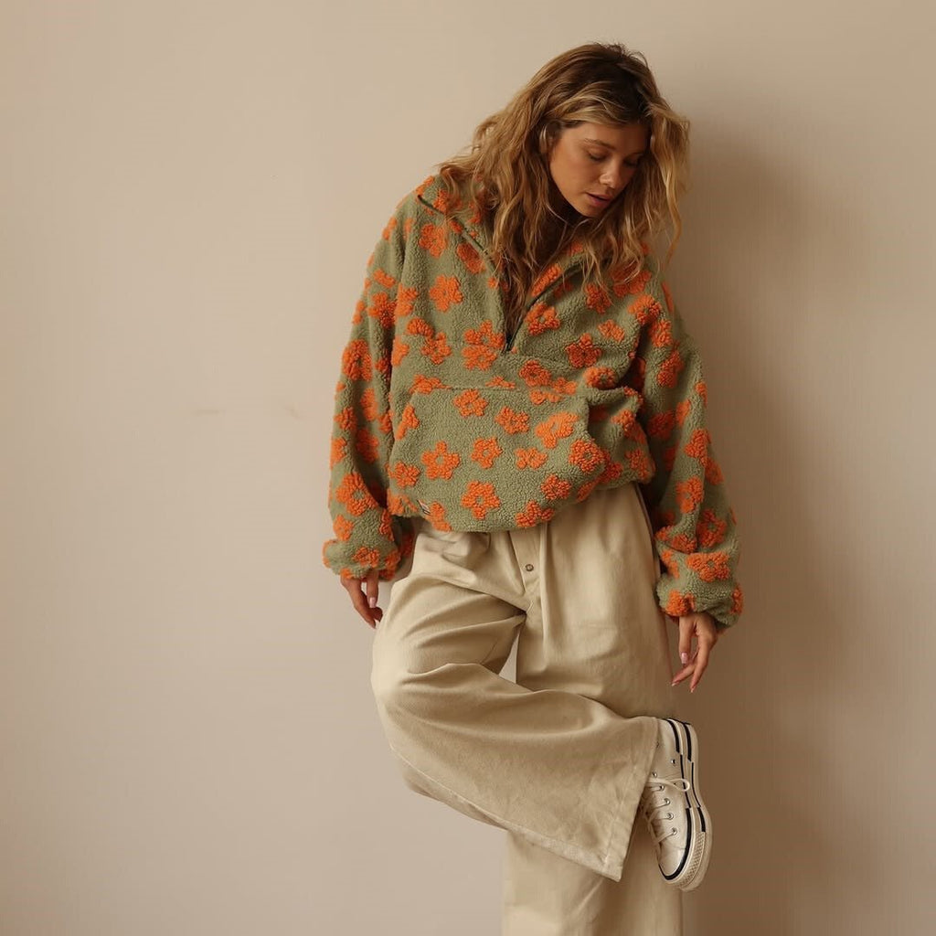 Women's Oversized Teddy Fleece Jacket | Floral Print, Half Zip, Cozy Casual Wear 7