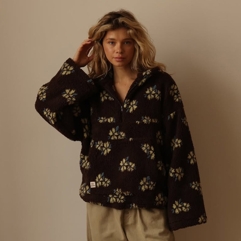 Women's Oversized Teddy Fleece Jacket | Floral Print, Half Zip, Cozy Casual Wear 8