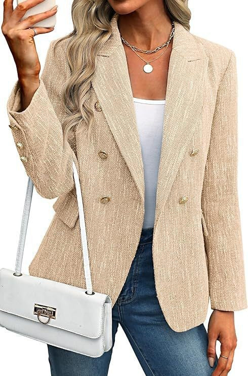 Women's Oversized Tweed Blazer | Double-Breasted, Loose Fit, Gold Button Detail 10