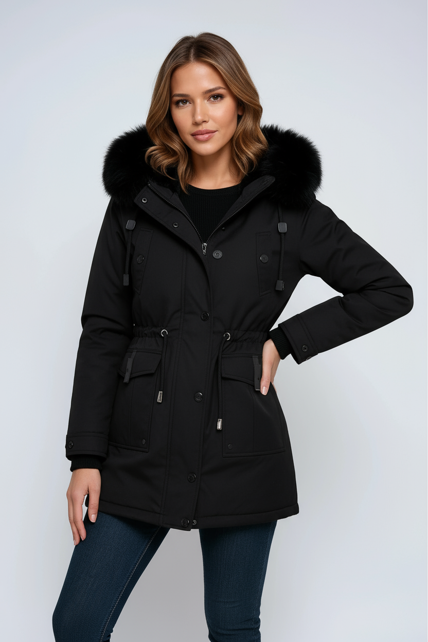 Women's Parka Jacket | Faux Fur Hood, Adjustable Waist, Double Closure 1