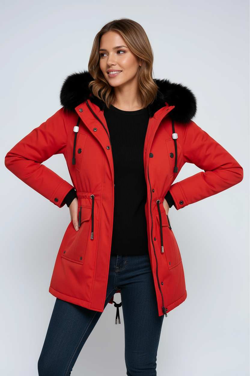 Women's Parka Jacket | Faux Fur Hood, Adjustable Waist, Double Closure 3