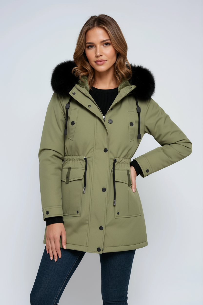 Women's Parka Jacket | Faux Fur Hood, Adjustable Waist, Double Closure 5