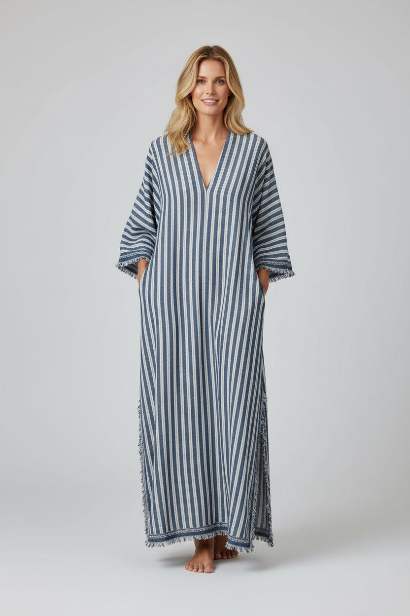 Women's Plus Size Summer Dress | Mediterranean Striped, Relaxed Fit Kaftan 0