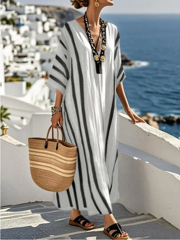Women's Plus Size Summer Dress | Mediterranean Striped, Relaxed Fit Kaftan 4