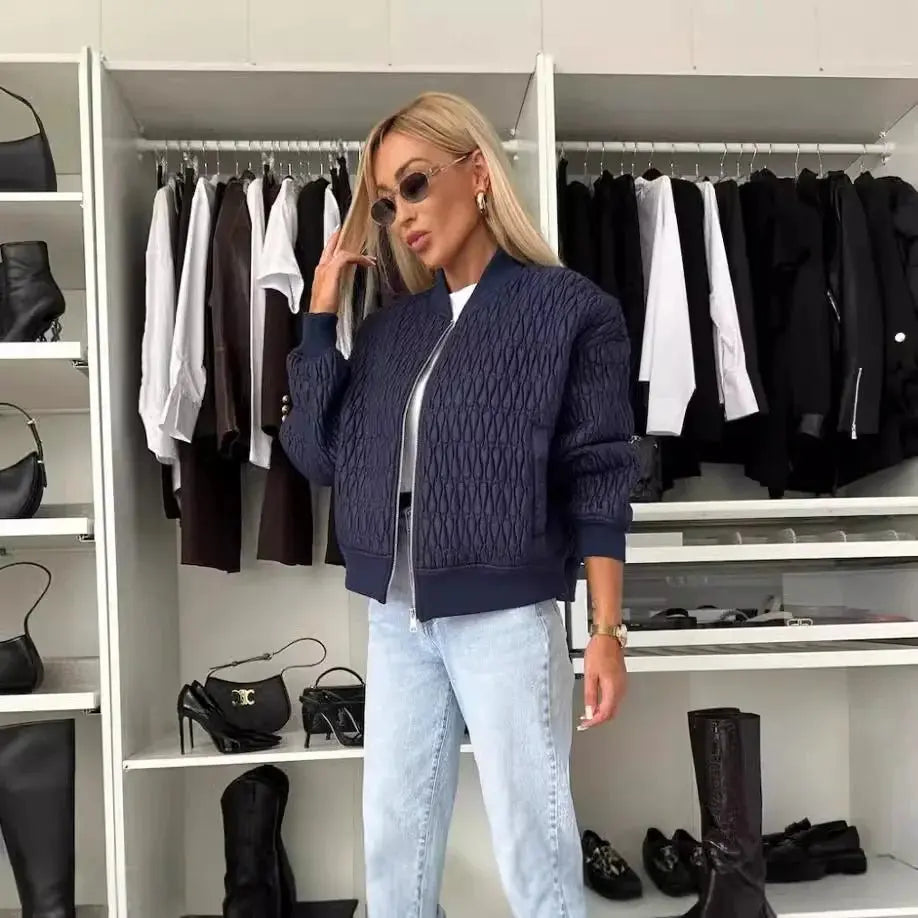 Women's Quilted Bomber Jacket | Diamond Pattern, Classic Fit, Zip Front 3