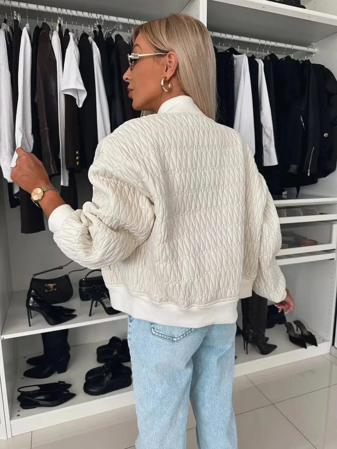 Women's Quilted Bomber Jacket | Diamond Pattern, Classic Fit, Zip Front 5