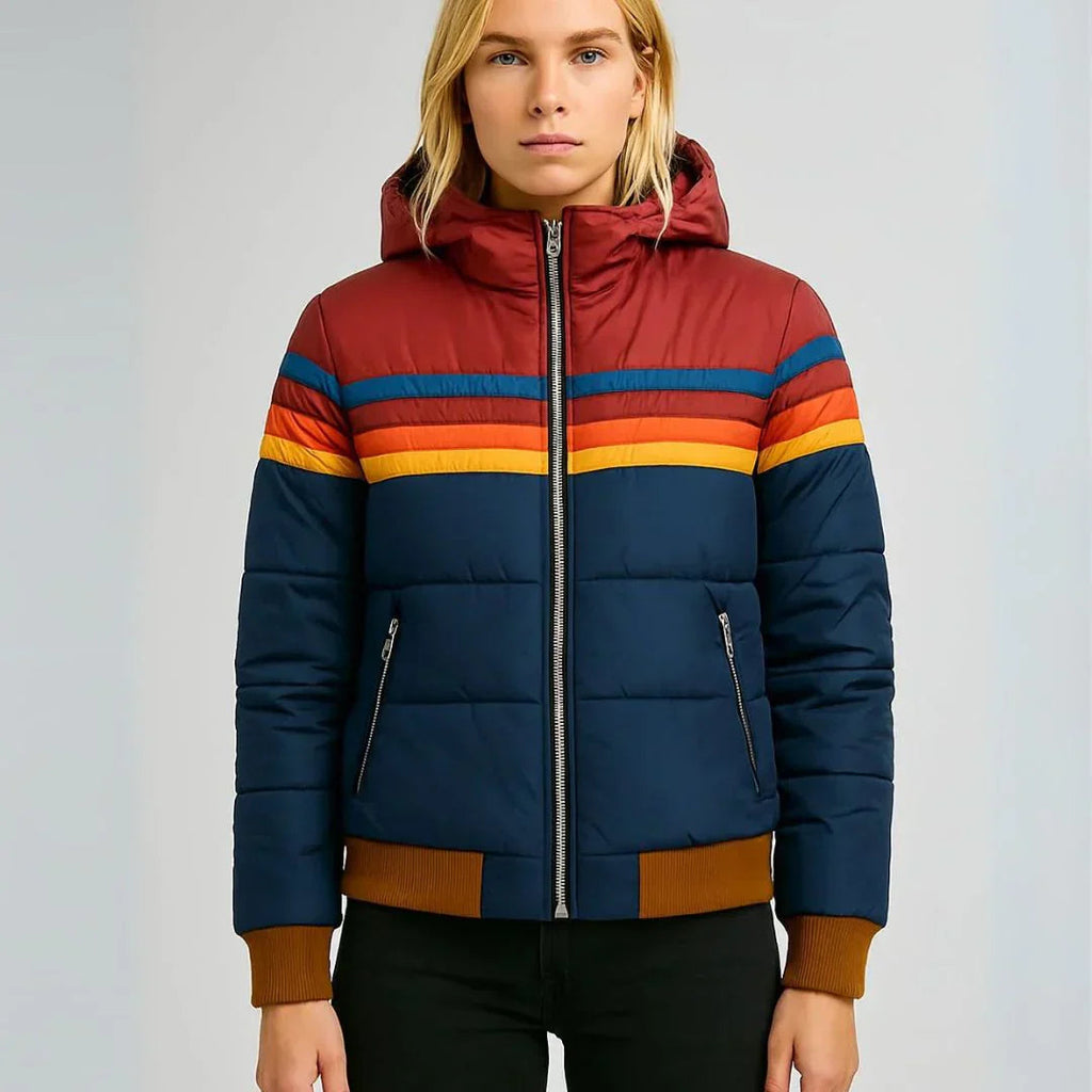 Women's Quilted Puffer Jacket | Retro Multicolored Design with Hood and Zip 0