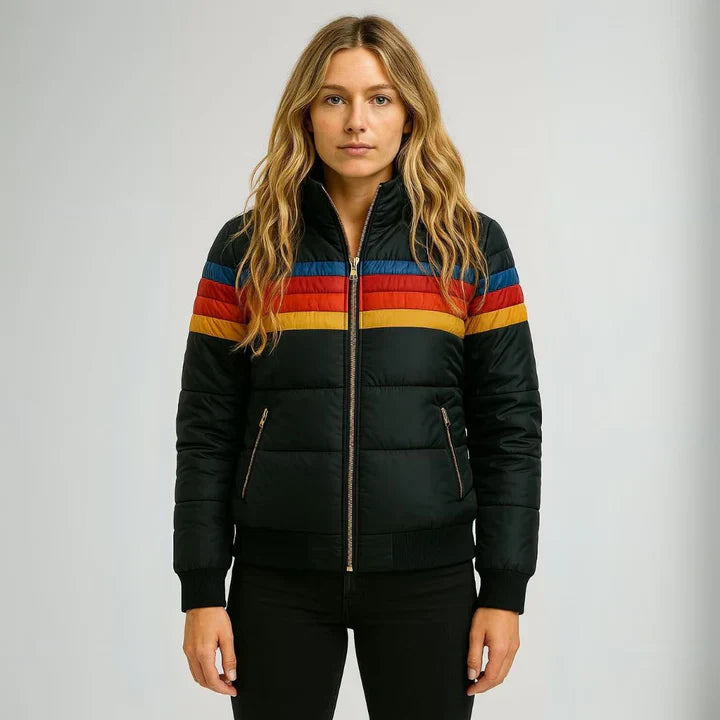 Women's Quilted Puffer Jacket | Retro Multicolored Design with Hood and Zip 1