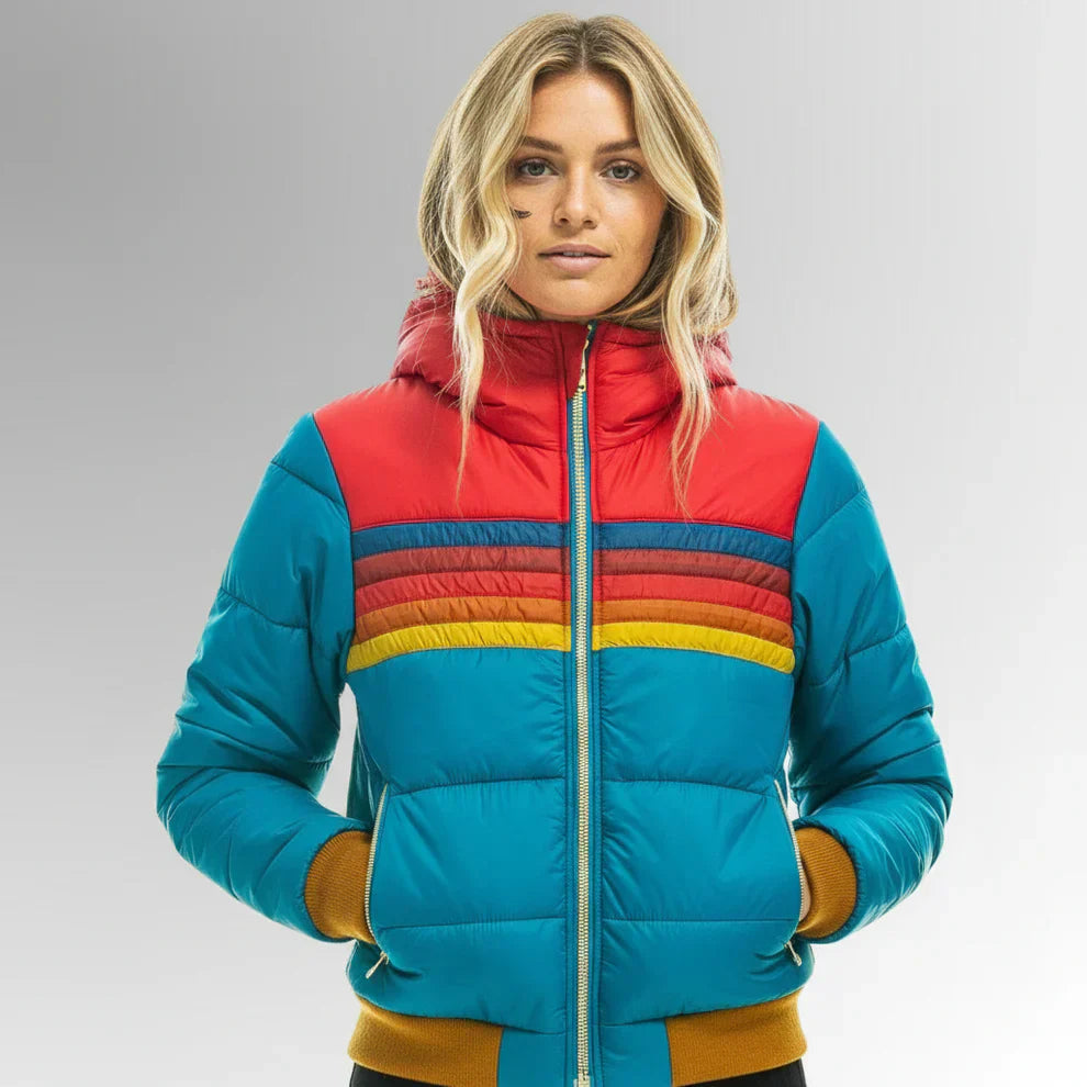 Women's Quilted Puffer Jacket | Retro Multicolored Design with Hood and Zip 2