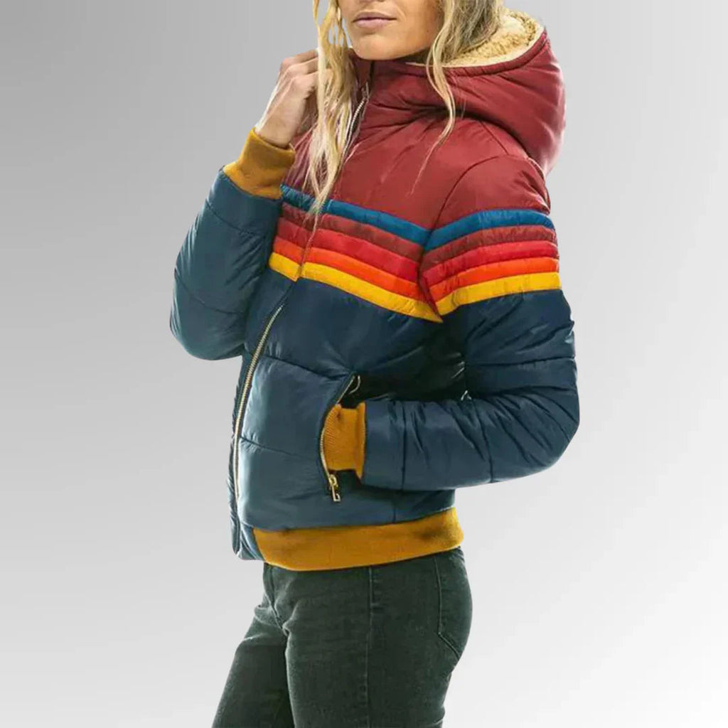 Women's Quilted Puffer Jacket | Retro Multicolored Design with Hood and Zip 3