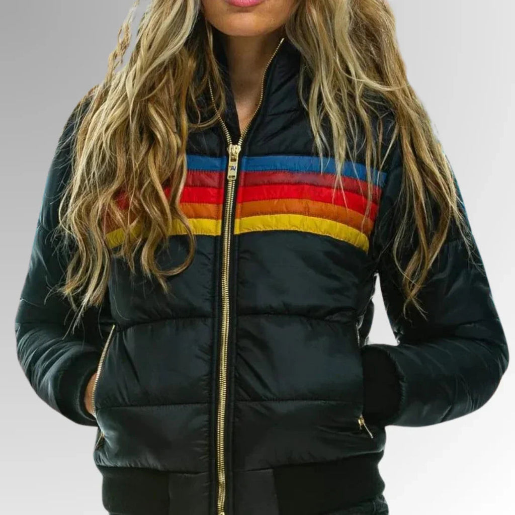 Women's Quilted Puffer Jacket | Retro Multicolored Design with Hood and Zip 4