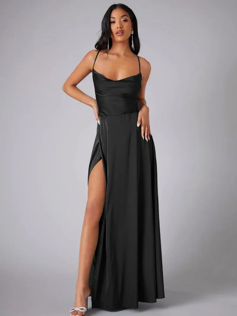Women's Satin Maxi Dress | Cowl Neck, Backless, High Slit 0