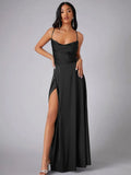 Women's Satin Maxi Dress | Cowl Neck, Backless, High Slit 0