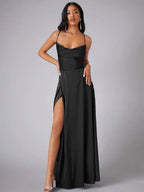 Women's Satin Maxi Dress | Cowl Neck, Backless, High Slit 0