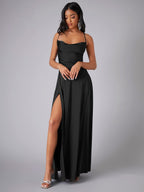 Women's Satin Maxi Dress | Cowl Neck, Backless, High Slit 1
