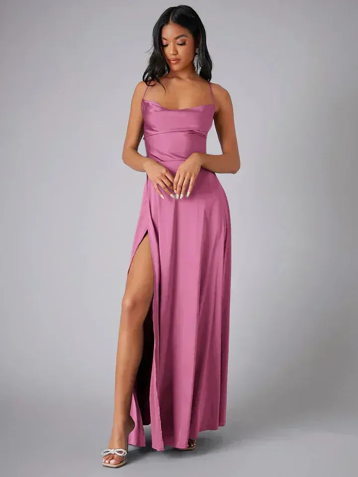 Women's Satin Maxi Dress | Cowl Neck, Backless, High Slit 10