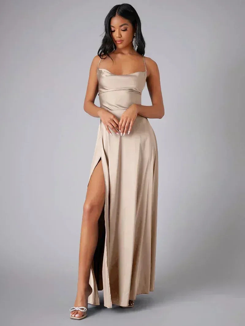 Women's Satin Maxi Dress | Cowl Neck, Backless, High Slit 2
