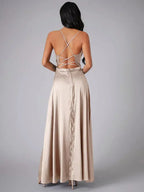 Women's Satin Maxi Dress | Cowl Neck, Backless, High Slit 3