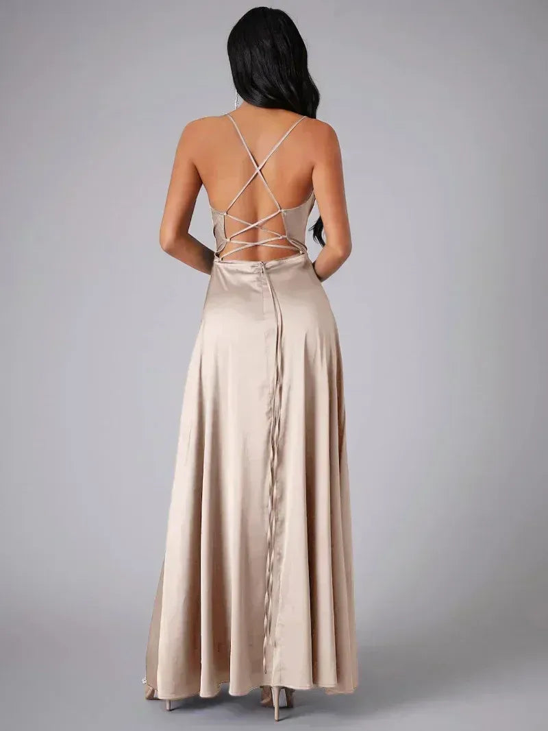 Women's Satin Maxi Dress | Cowl Neck, Backless, High Slit 3