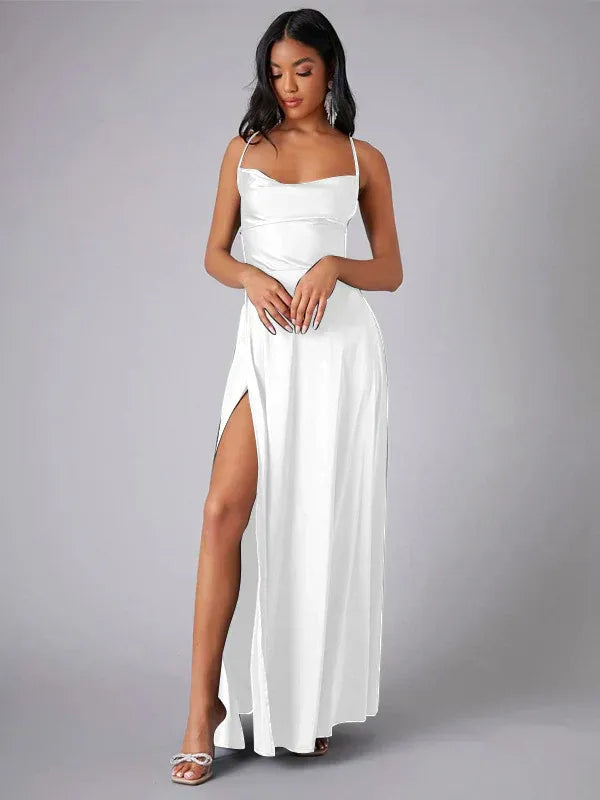 Women's Satin Maxi Dress | Cowl Neck, Backless, High Slit 5