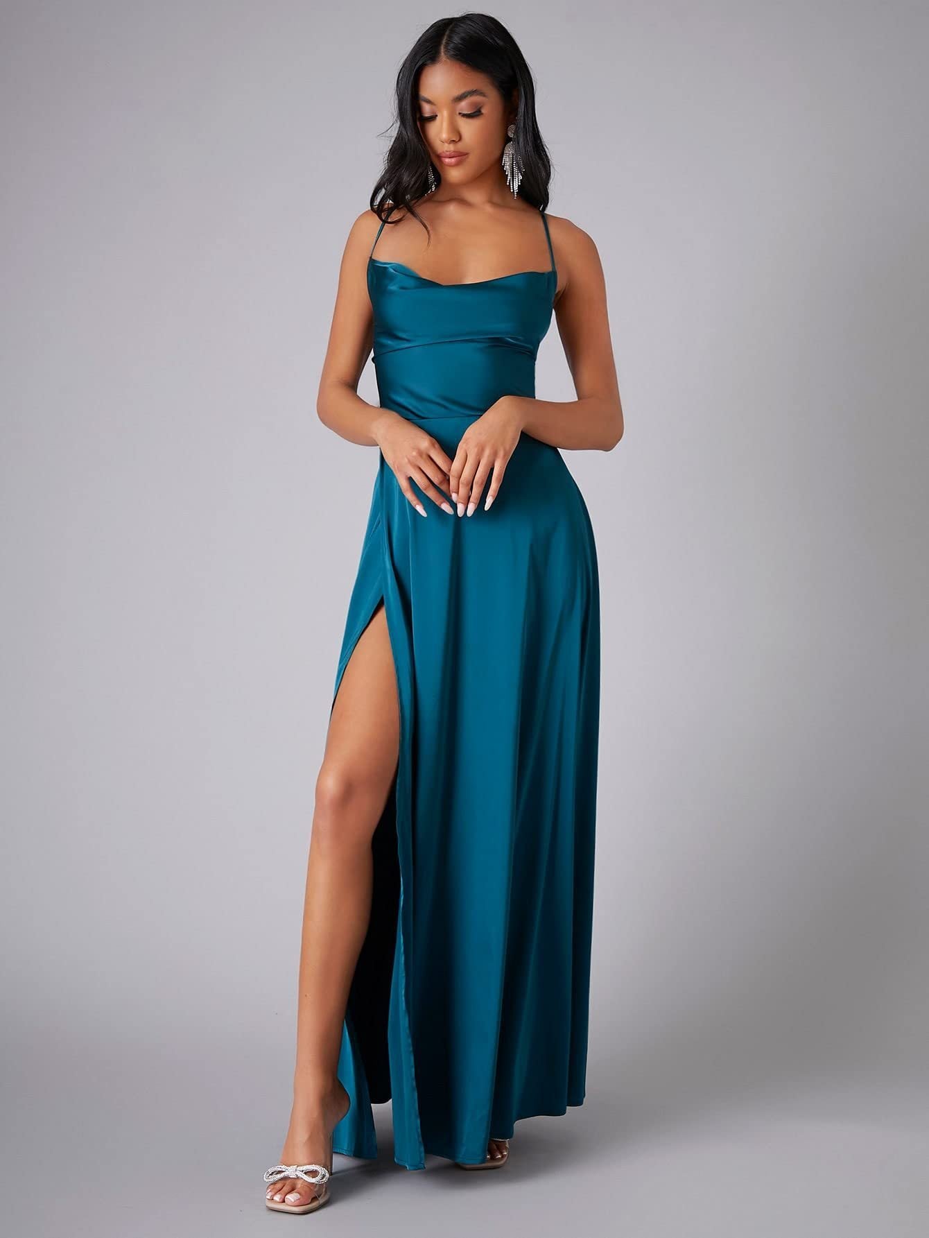 Women's Satin Maxi Dress | Cowl Neck, Backless, High Slit 6