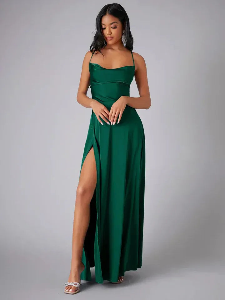 Women's Satin Maxi Dress | Cowl Neck, Backless, High Slit 7