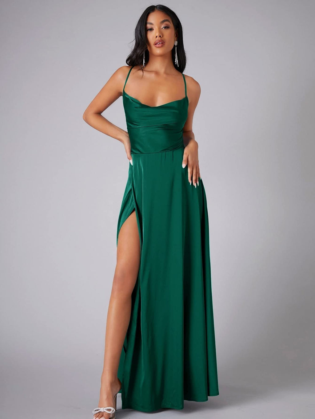 Women's Satin Maxi Dress | Cowl Neck, Backless, High Slit 8