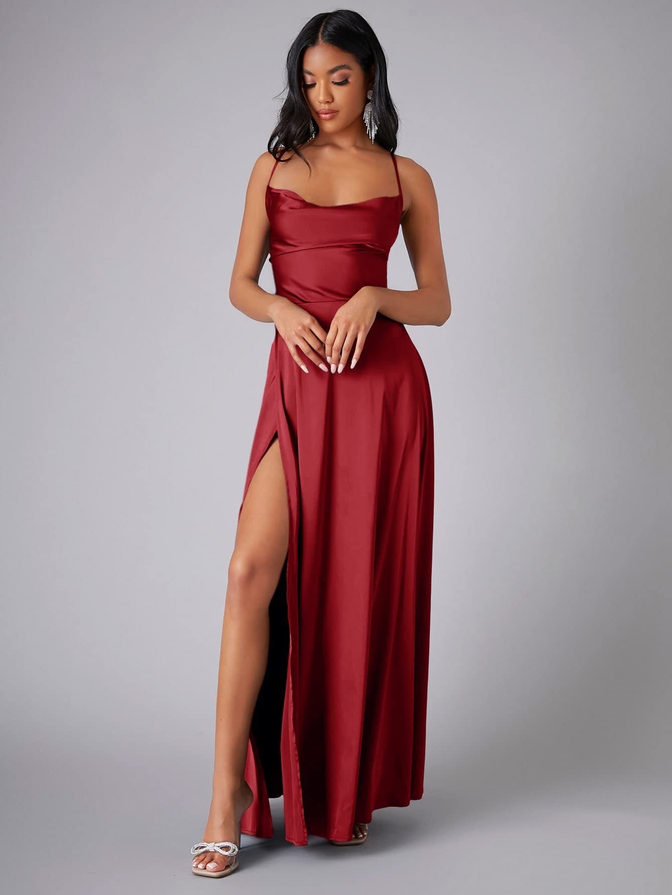 Women's Satin Maxi Dress | Cowl Neck, Backless, High Slit 9