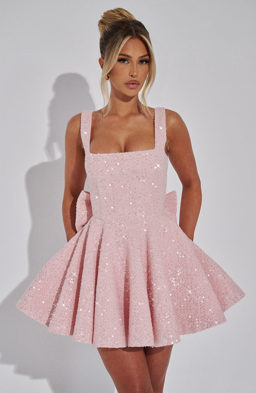 Women's Sequin Mini Dress | Flared Skirt with Bow Detail, Elegant Cocktail Dress 0