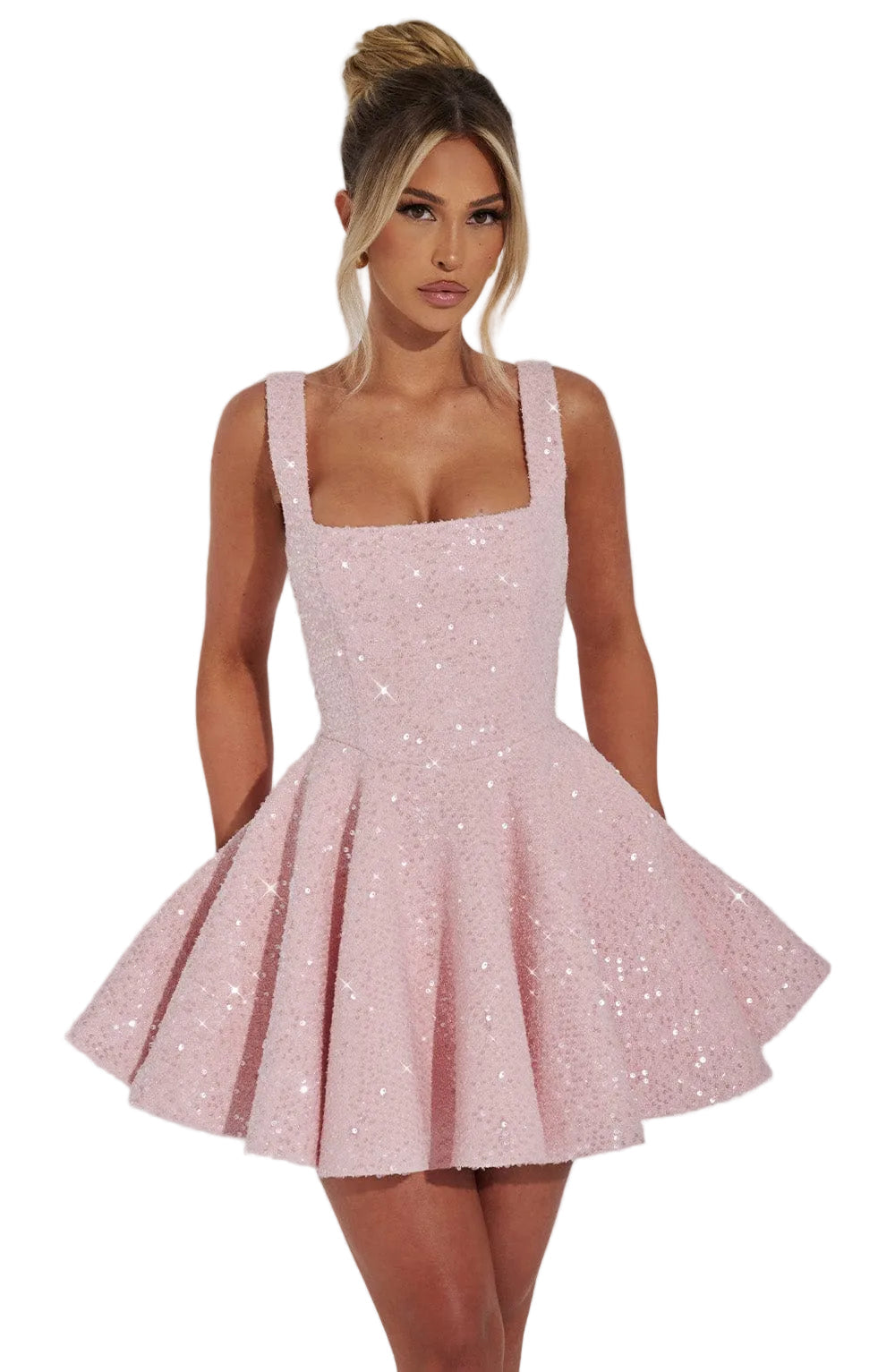 Women's Sequin Mini Dress | Flared Skirt with Bow Detail, Elegant Cocktail Dress 1