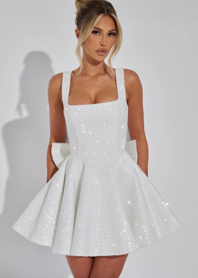 Women's Sequin Mini Dress | Flared Skirt with Bow Detail, Elegant Cocktail Dress 2